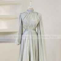 Modest Evening Dresses for Women 2025 High Collar Puffy Long Sleeves Evening Gowns Long Pleated A Line Saudi Arabian Formal Gown