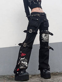 InsDoit Y2K Black Punk Skull Print Mall Goth Jeans Woman Eyelet Buckle Academic Cargo Pants Streetwear Big Pocket Dark Trousers