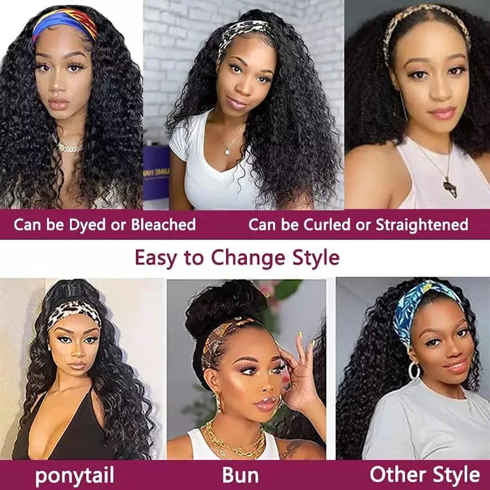 Kinky Curly Headband Human Hair Wig Glueless Wear and Go Headband Wig Human Hair Wig Deep Curly Human Hair Wig for Black Women
