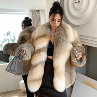 Denny&Dora Women's Fox Fur Coat Overcoat Full Pelt Thick Winter Coat Lapel Collar Woman Overcoats