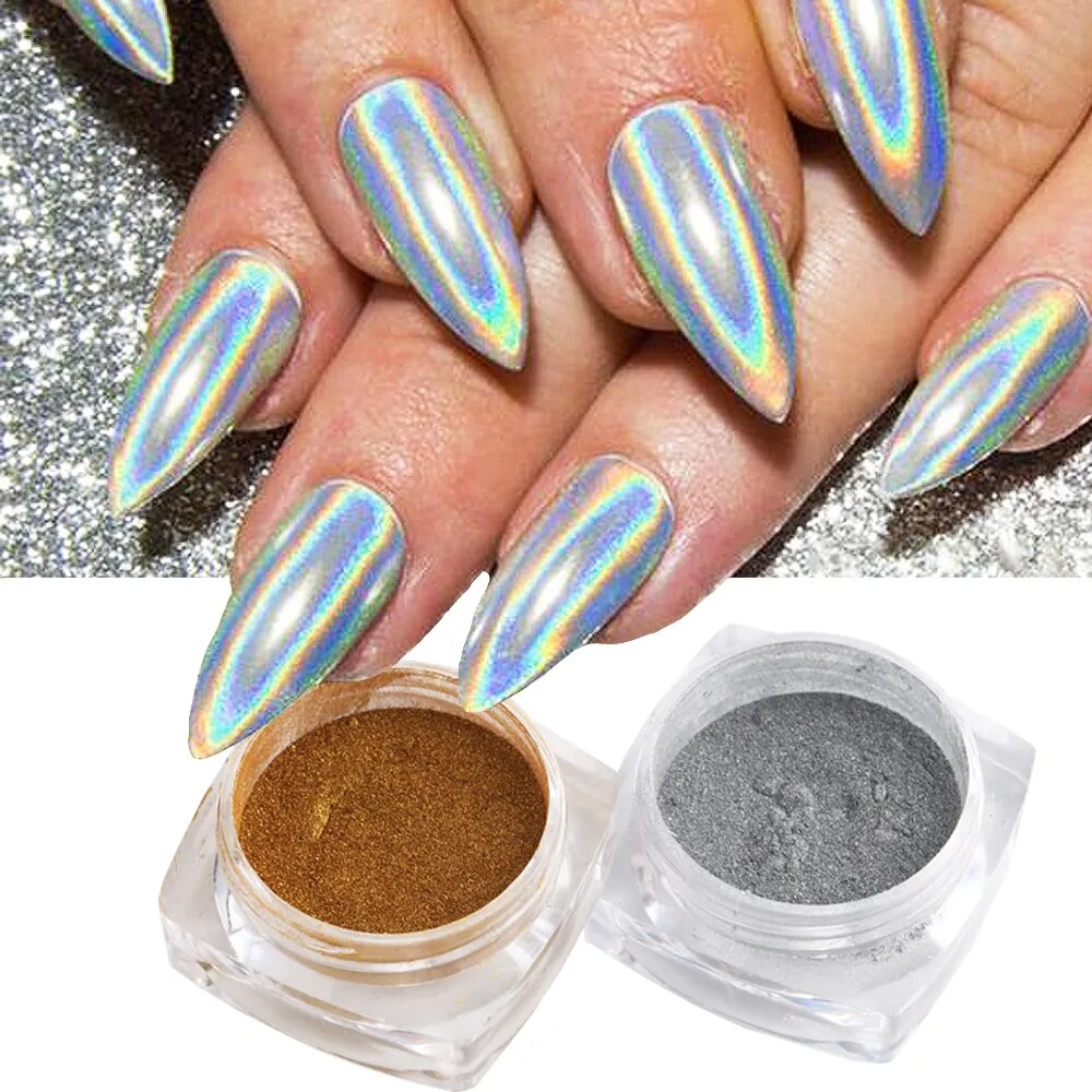 Holographic Mirror Nail Glitter Powder Shiny Aurora Laser Metallic Rubbing Dust Chrome Powder Gold Silver Pigment DIY Nail GLLSH