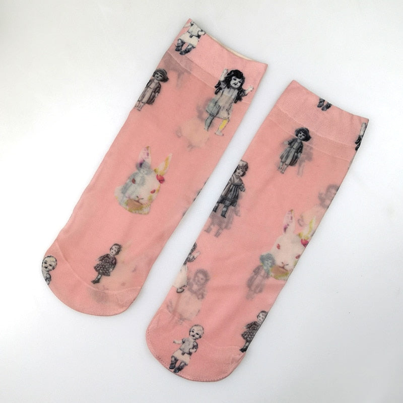 KASURE New Fashion Flower Butterfly Pattern Print Women Ankle Socks Elastic Spring Summer Soft Ladies Socks