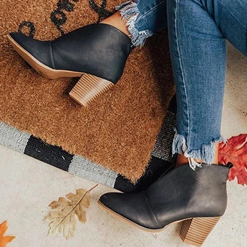 2021 New Winter Women Boots V Cutout Ankle Boots Stacked Heel Booties Fahsion Chelsea Boots PU Botas Zapatos Mujer SIze 35-43