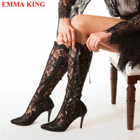 Fashion Black Lace Over The Knee Boots Lace Up Gothic Thigh High Boots High Heels Long Bridal Boots Pointed White Wedding Boots