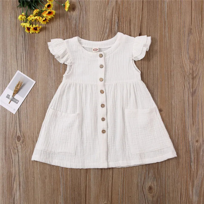 Toddler Kid Baby Girl Summer Dress Ruffles Sleeves Cotton Linen Party Children Girls Casual Button Pocket Dress Sundress Clothes