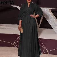 Plus Size Satin Slik Dress 2023 VONDA Sexy V Neck Long Sleeve Solid Dresses Bohemian Vestidos Loose Beach Sundress 5XL Oversize