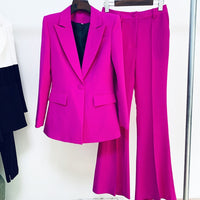 HIGH QUALITY Newest 2023 Runway Designer Suit Set Women's Single Button Blazer Flare Pants Suit Fluorescent Purple