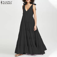 Women Summer Maxi Long Dress ZANZEA Fashion Lace Up V Neck Ruffles Sundress Solid Sleeveless Party Casual Sarafans Vestidos7