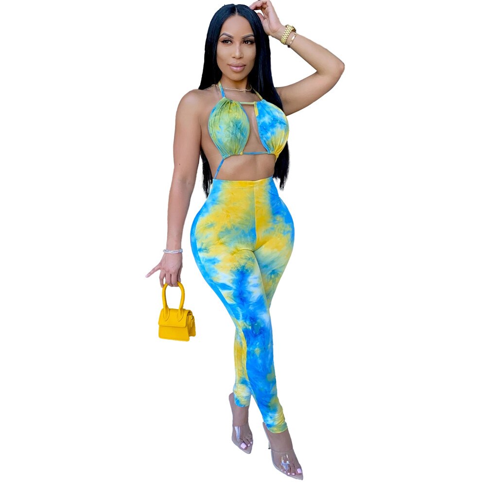 Tie Dye Print Sexy Jumpsuit Clubwear Women Rompers Halter Hollow Out Backless Party Bodycon Overalls for Women Macacao Feminino