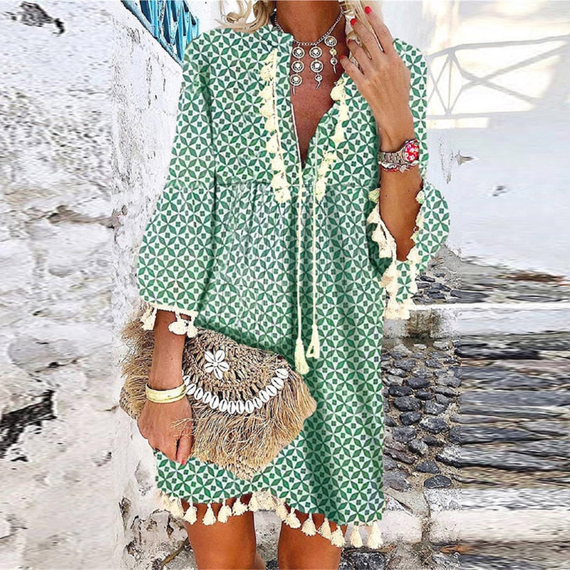 2021Sexy Summer V Neck Tassel Beach Dress