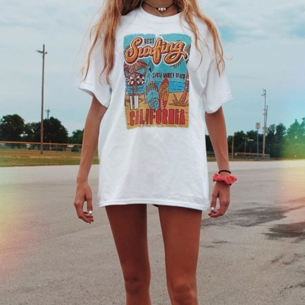 1pcs WHITE Tees Summer Casual Oversized Tee Best Surfing Santa Monica California