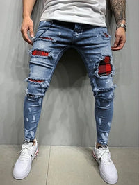 Men's Skinny Ripped Jeans Fashion Grid Beggar Patches Slim Fit Stretch Casual Denim Pencil Pants Painting Jogging Trousers Men