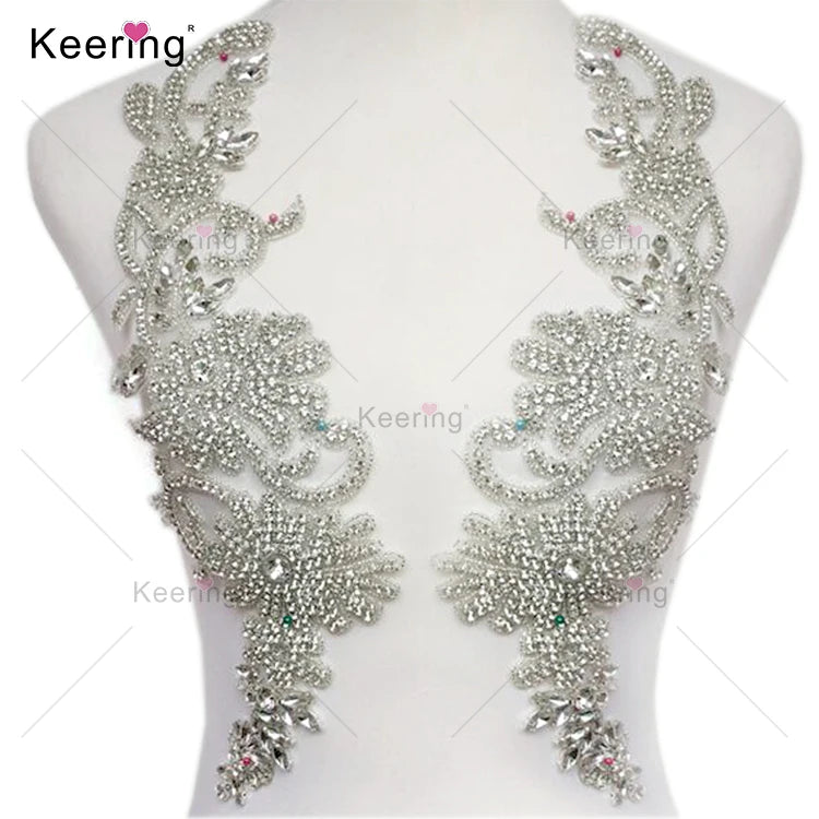 WRA-1006 Keering Hotsale Elegant Gold Wholesale Handmade Long Clause for Bridal Wedding Dress Beaded Bodice Patch Rhinestones