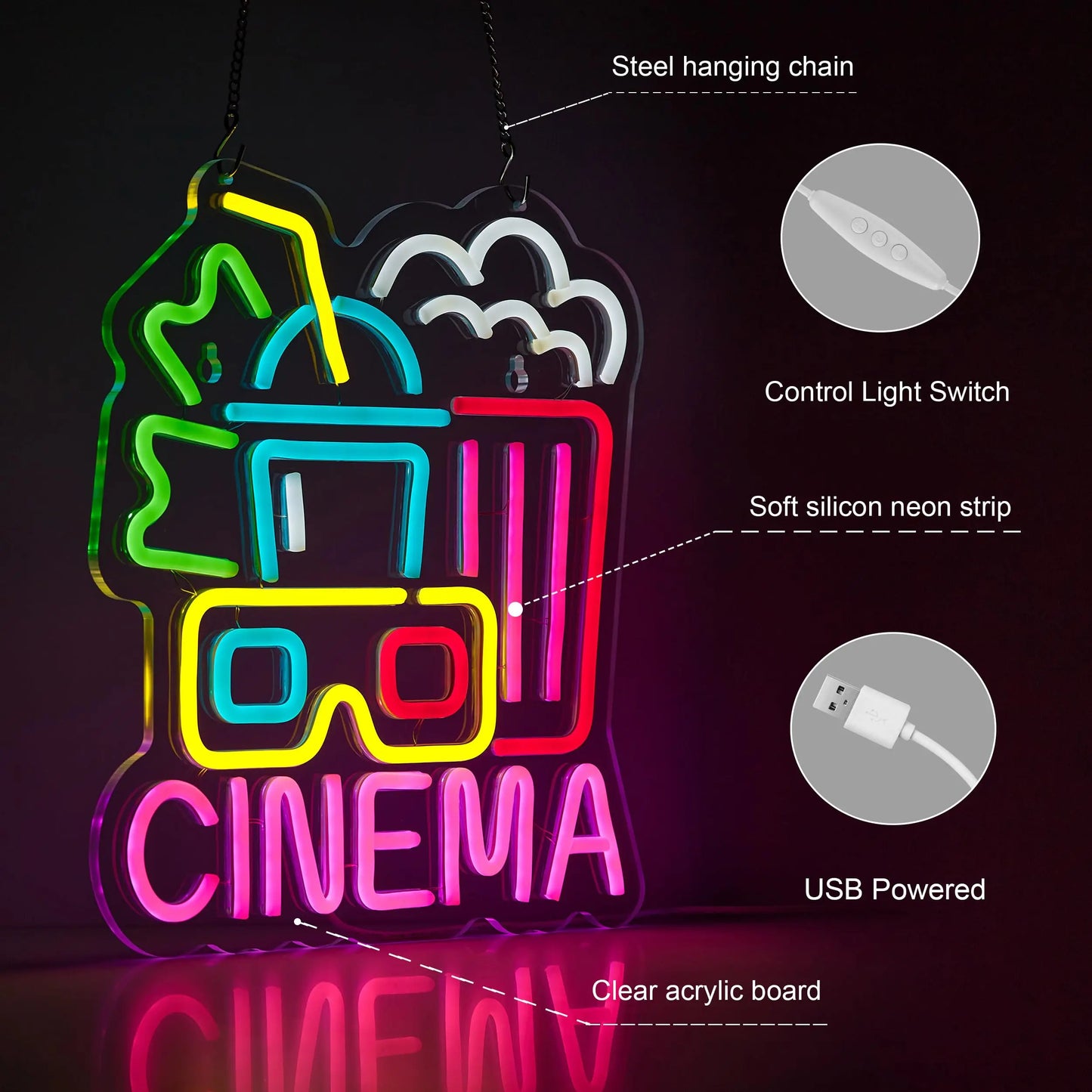 Movie Time Night with Popcorn LED Theater Art Neon Light