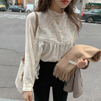 Sexy Kitty New Elegant Lace Stand Collar Blouse Shirt Sexy Hollow Out Floral Long Sleeve Tops