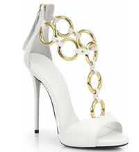 Sexy White Leather Gold Circle T- Strap Women Banquet Sandals Thin High Heel Metal ring linked Peep Toe Party Shoes