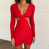 Sexy V-neck Long Sleeve Hollow Sheath Dress Autumn Winter Women's Wear Elegant