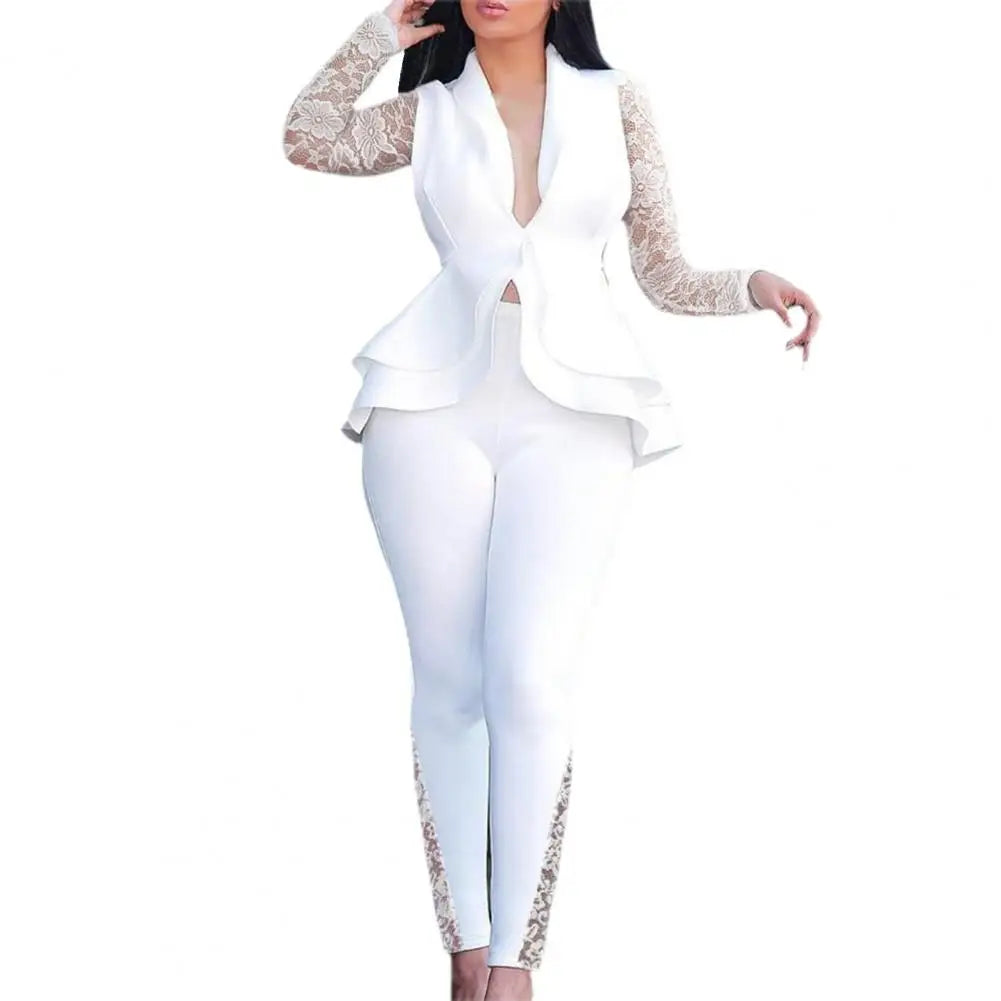 Two Piece Set Pants Suit Women Sexy Solid Color Lace Slim Deep V Neck Mega Mart Center Two Piece Set Pants Suit Women Sexy Solid Color Lace Slim Deep V Neck Mega Mart Center
