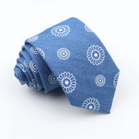 New Cotton Denim Ties For Men 7CM Floral Feather Dot Blue Neck Tie For Wedding Party Casual Print Slim Neckties Daily Wear Gift