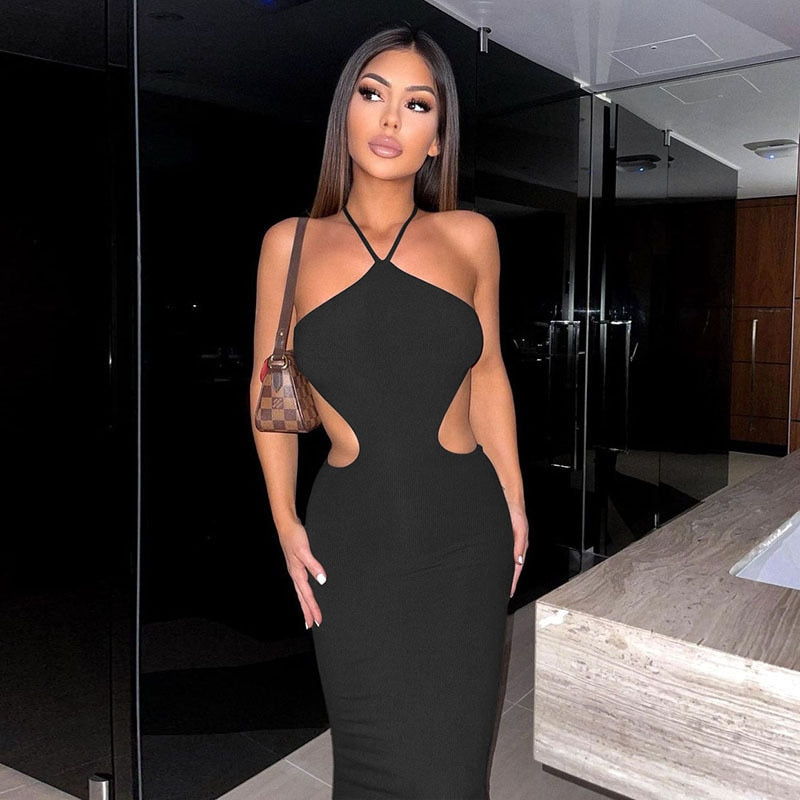 Cryptographic 2022 Summer Halter Maxi Dress for Women Elegant Sexy Sleeveless Backless Club Party Cutout Bandage Dresses Clothes