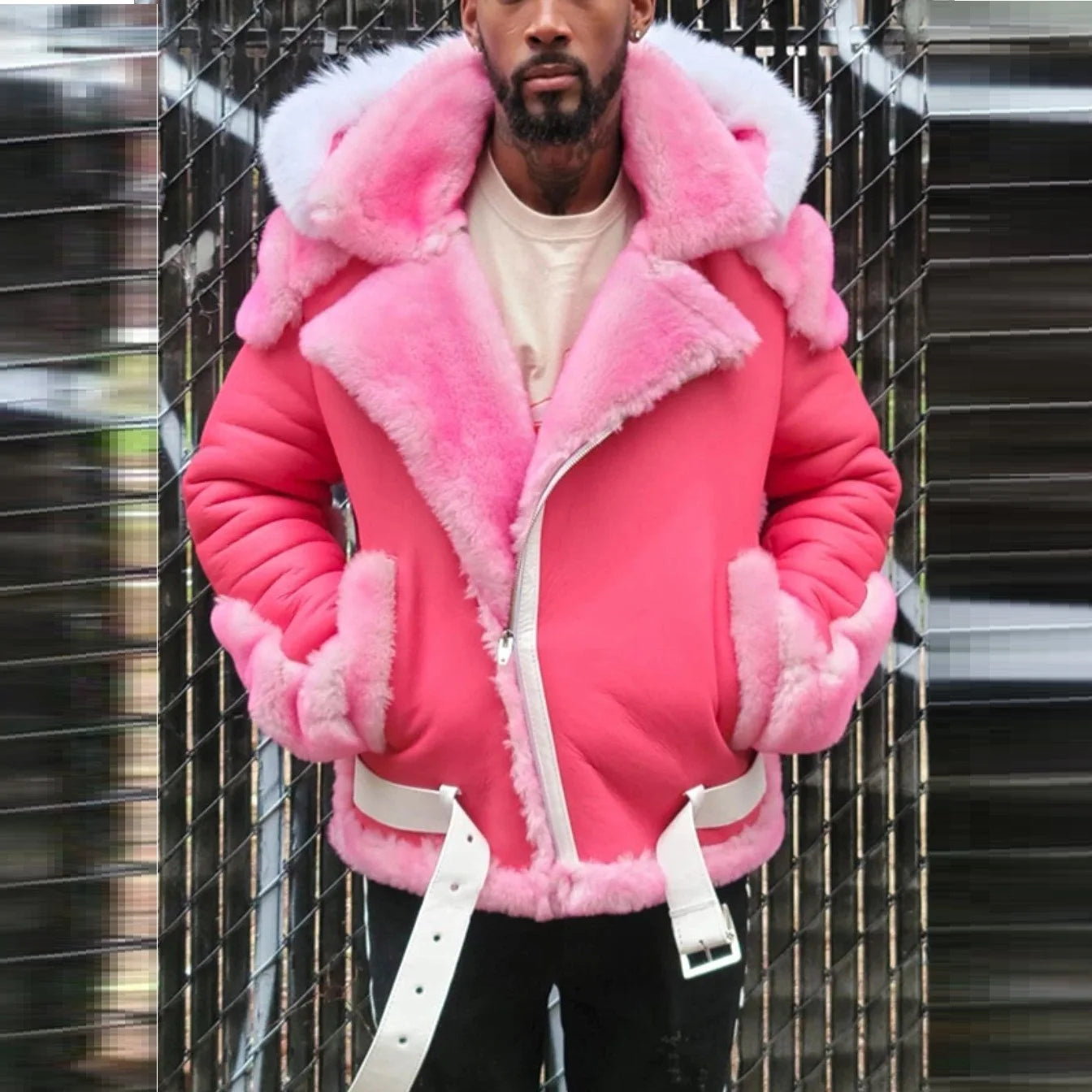 New Winter Men Jacket Plus Size Men Coat Faux Fur Solid Men Clothing Pink Black