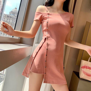 Dress Women Sexy Irregular Thin Summer Hot Chic A-line Womens Fashion Ulzzang Elegant Trendy Simple Ins Mini Off-shoulder Casual