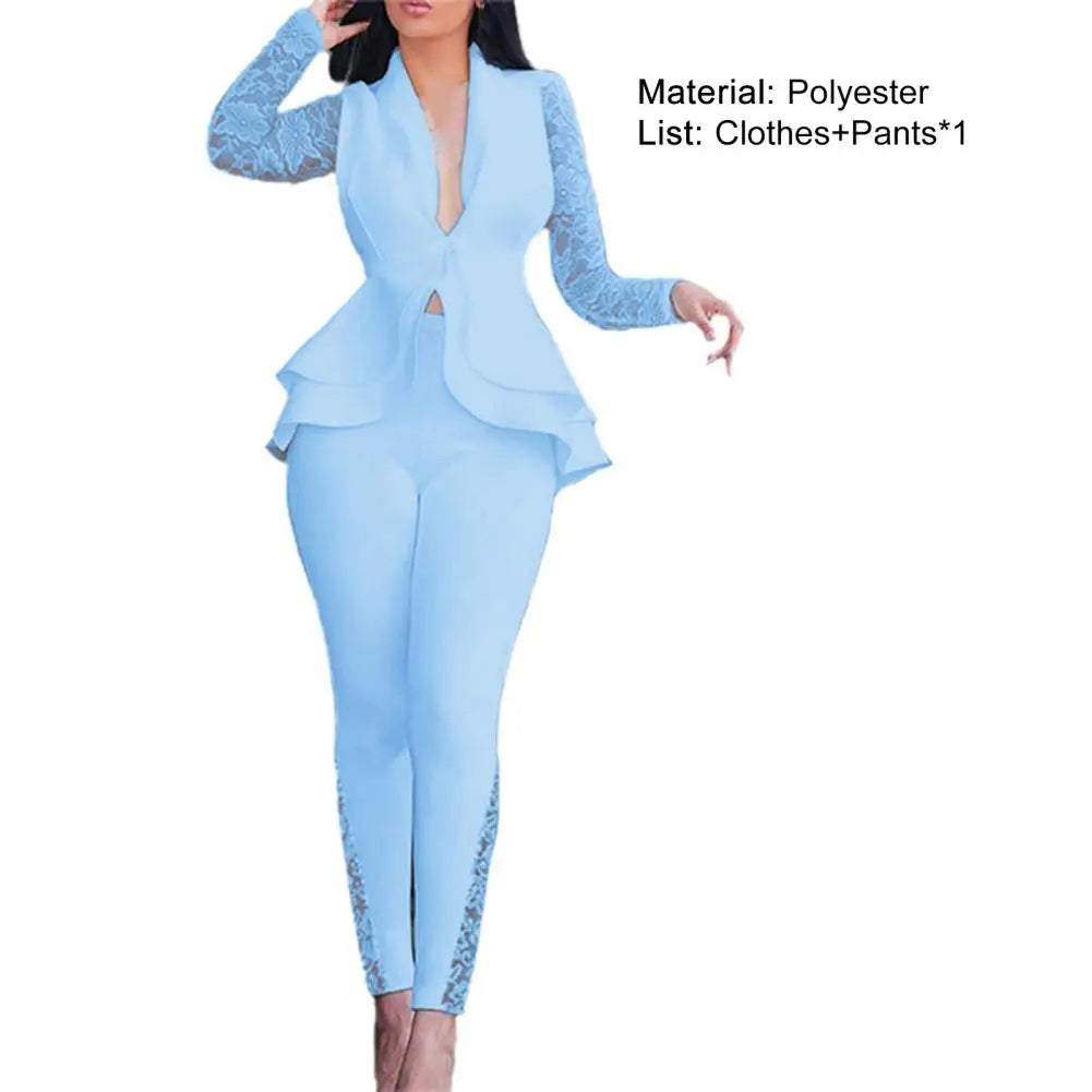 Two Piece Set Pants Suit Women Sexy Solid Color Lace Slim Deep V Neck Mega Mart Center Two Piece Set Pants Suit Women Sexy Solid Color Lace Slim Deep V Neck Mega Mart Center