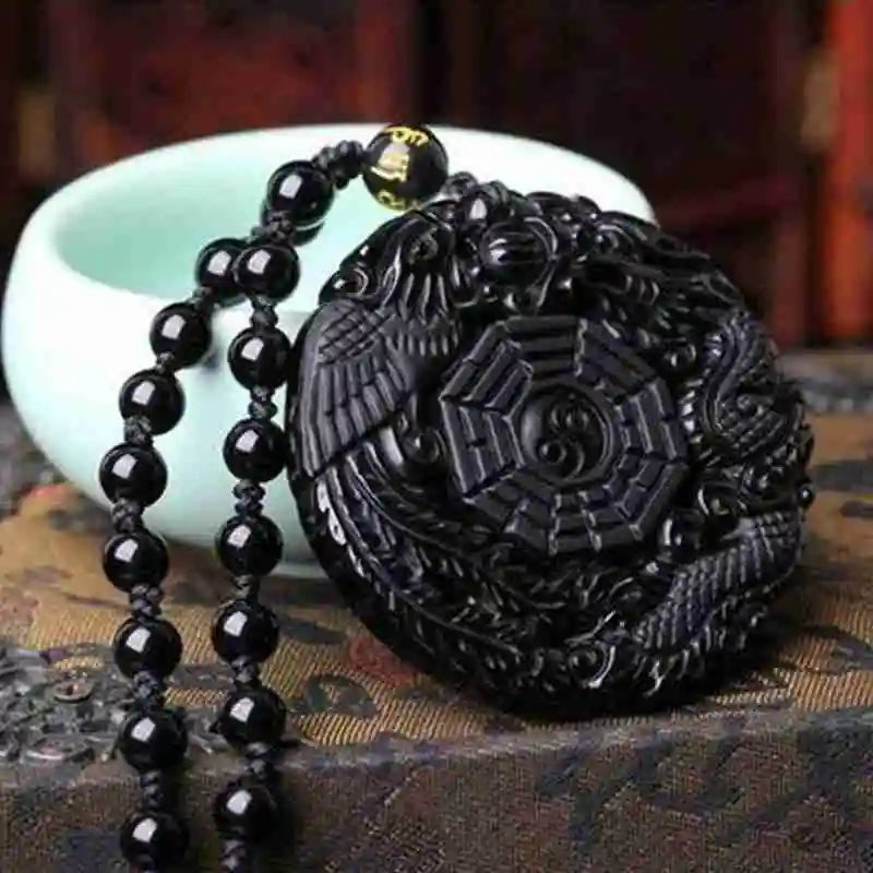 Natural Black Synthetic Obsidian Hand Carved Chinese Dragon Phoenix BaGua Lucky Amulet Peace Mascot Pendant Necklace For Women