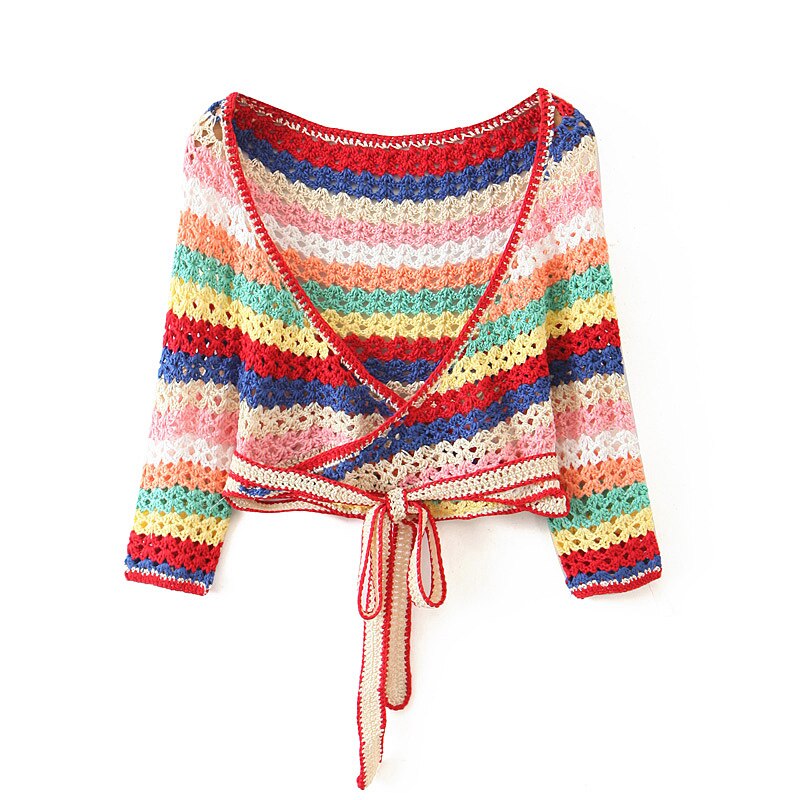 Sexy 2020 Lacing up Colored Striped Hand crochet Cardigan Sweater Women Tops 2 Pieces Set