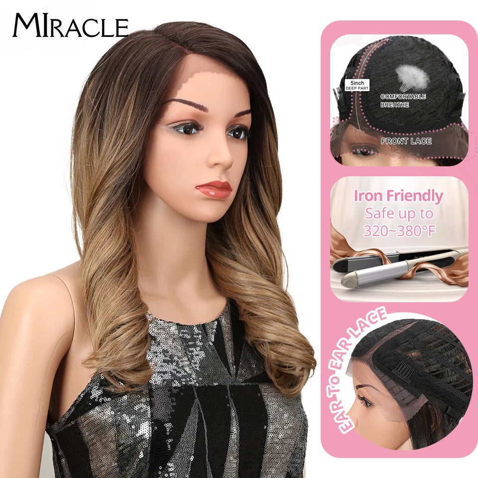 Miracle 20&quot; High Temperature Fiber Hair Omber Gold Wavy Hair Long Loose Wavy Wigs Blonde Synthetic Lace Wig For Black Women