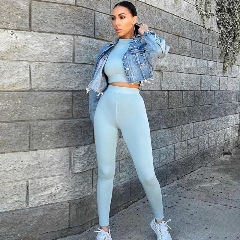 Winter Women Sport Fitness 2 Two Piece Set Outfits Long Sleeve Crop Tops Tshirt Leggings Pants Set Bodycon Tracksuits Women's