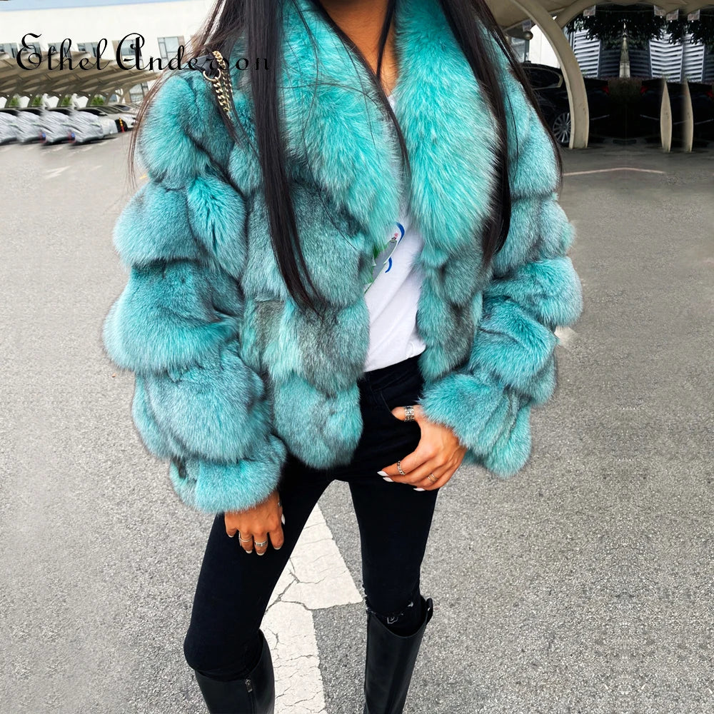 ETHEL ANDERSON 100% Genuine Real Fox Fur Jackets & Coats With Fox Fur Collar For Luxury Vintage Ladies Short Fox Fur Outerwear