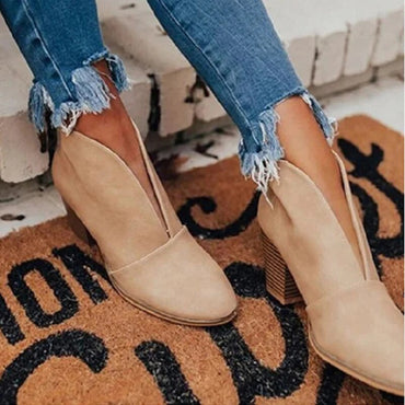 2021 New Winter Women Boots V Cutout Ankle Boots Stacked Heel Booties Fahsion Chelsea Boots PU Botas Zapatos Mujer SIze 35-43