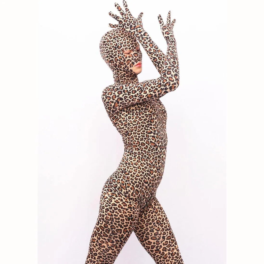 Sexy Leopard One Piece Tights Full Coat Zentai Separate Fingers Zipper Open Crotch Bodysuit Cosplay Performance Jumpsuit Unitard