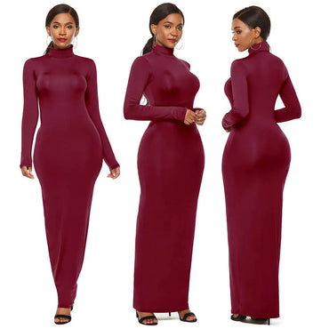 S-5XL Plus Size Party Solid Color Women Long Sleeve Turtleneck Bodycon Maxi Dress Autumn Winter Slim Sexy Dresses Apricot/Black/