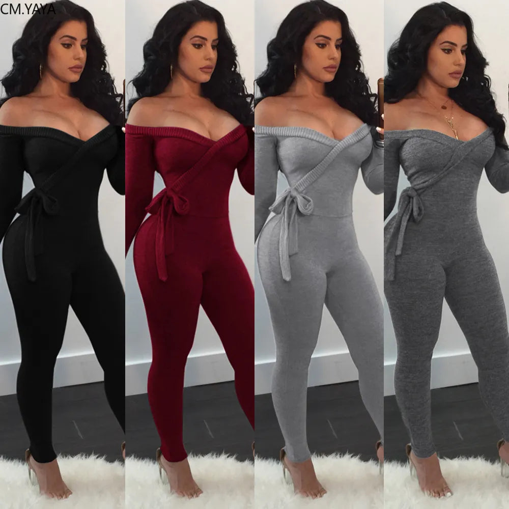 2020 Summer Women Jumpsuits Rompers Full Sleeve V-Neck Solid Sashes Sexy Night Club Party Bandage One Piece Outfits GL1063