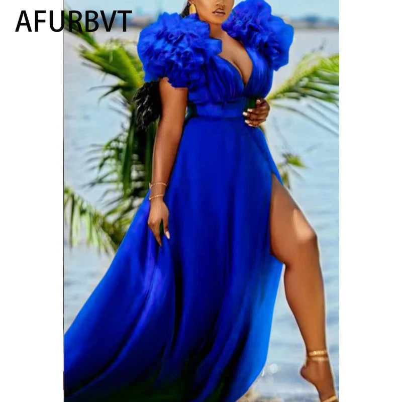 Cute Blue White Ruffles Tulle Ball Gowns for To Birthday Long Party Dresses Sexy Deep V Neck Puff Sleeve Maxi Dress