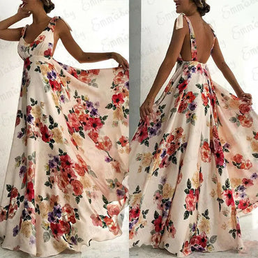 Women Boho Summer Floral Sleeveless V-Neck Backless Vintage Long Maxi Dress Ladies Party Evening Summer Beach Sundress