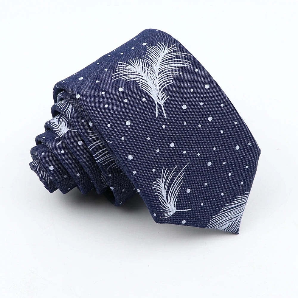 New Cotton Denim Ties For Men 7CM Floral Feather Dot Blue Neck Tie For Wedding Party Casual Print Slim Neckties Daily Wear Gift