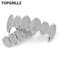 TOPGRILLZ New Fit Silver Plated CZ Micro Pave Top & Bottom GRILL SET Rhodium Teeth Grills Vampire Tooth Grillz