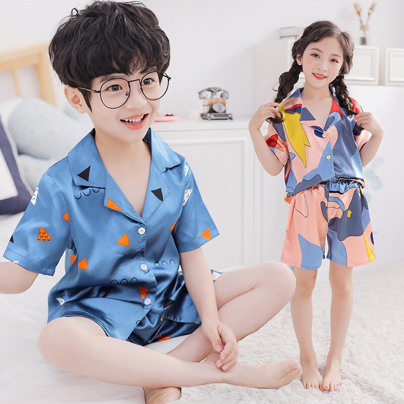 Children Pajamas Set 2023 Spring Ice Silk Striped Kids Pyjamas For Girls & Boys Sleepwear