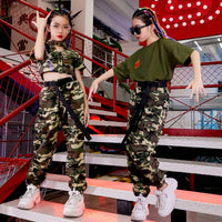 New Hip Hop Girls Clothes Short Sleeve Camouflage Suit Hiphop Pants Boys Street Dancewear Camp Military Training Clothing BL4410