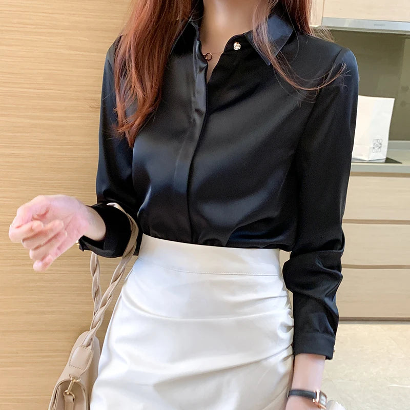 Silk Shirts Women Long Sleeve Shirts Blouses for Women Satin Clothing Shirt Office Lady Solid Silk Shirt Blouse 2023 Fashion Top