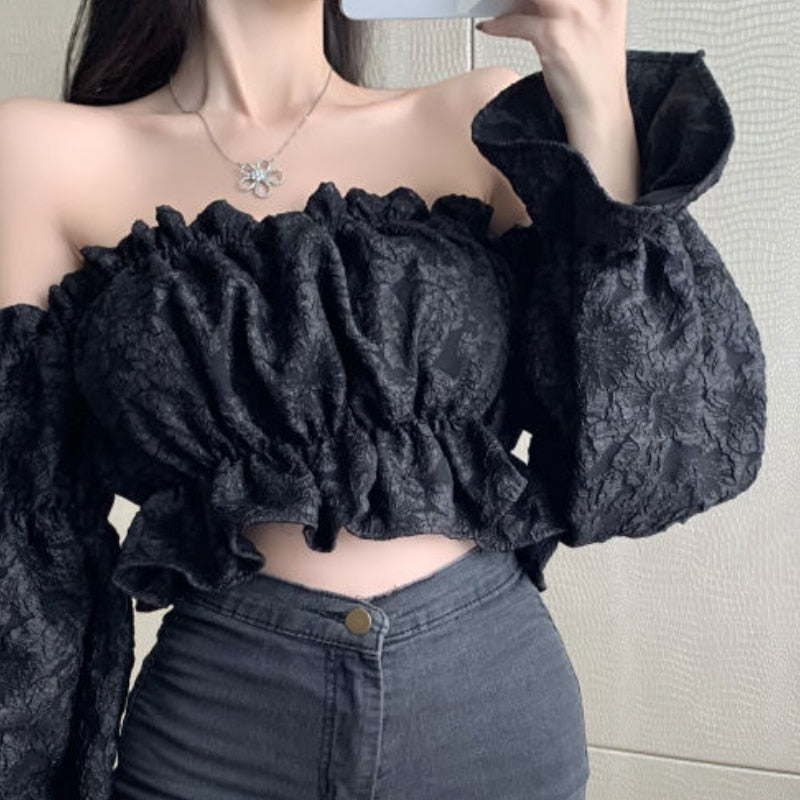 Blouse Women Sexy Trendy Slash Collar Autumn Folds Jacquard Stylish Long Sleeve Female Feminine Party Street Korean Style Crop