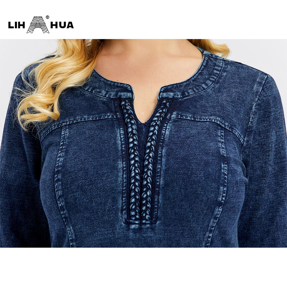 LIH HUA Women&#39;s Plus Size Denim Dress Elasticity  Knitted Denim Dresses Slim Fit Casual Dress Shoulder Pads Midi Dress