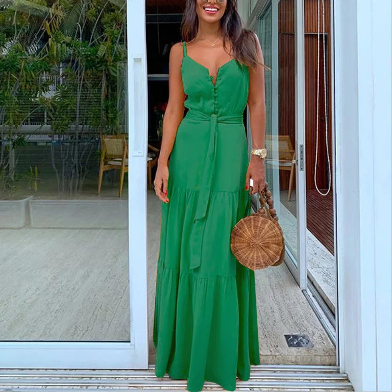 Summer Green Tunic Maxi Dress V Neck Robe Femme Belt Elegant Ruffles Party Long Dresses Spaghetti Strap Casual Vestidos Mujer