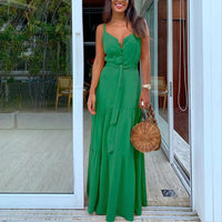 Summer Green Tunic Maxi Dress V Neck Robe Femme Belt Elegant Ruffles Party Long Dresses Spaghetti Strap Casual Vestidos Mujer