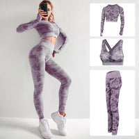 RUUHEE Women Yoga Set Camouflage Seamless Long Sleeve High Waist Leggings and Bra Workout Sportwears 2 Piece  Gym Suit Female