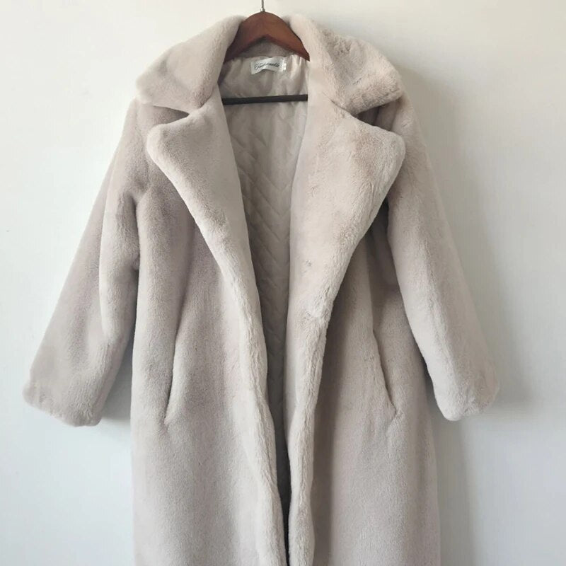 Winter Women Faux Rabbit Fur Coat Lengthen knee Fur Coat Loose Lapel OverCoat Thick Warm fur coat Female Plush Coats