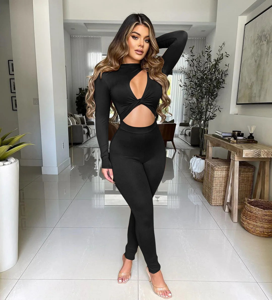 Sexy Cut Out Twist Rompers Womens Jumpsuit Casual Sport Fitness Hollow Out Long Sleeve Leggings Club Party Soft Women Overalls